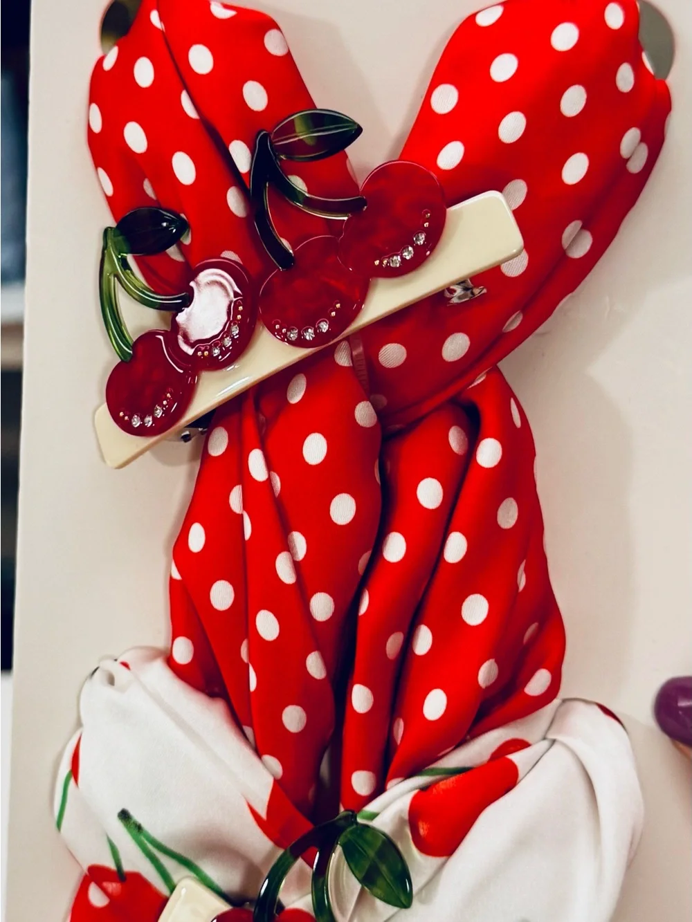 Sincerly Jules Red Cherry Print and Polka Dot Scarf & Barrette Set
